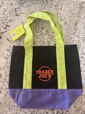 Trader Joe's Black Canvas Tote with Lime Handles and Purple Base